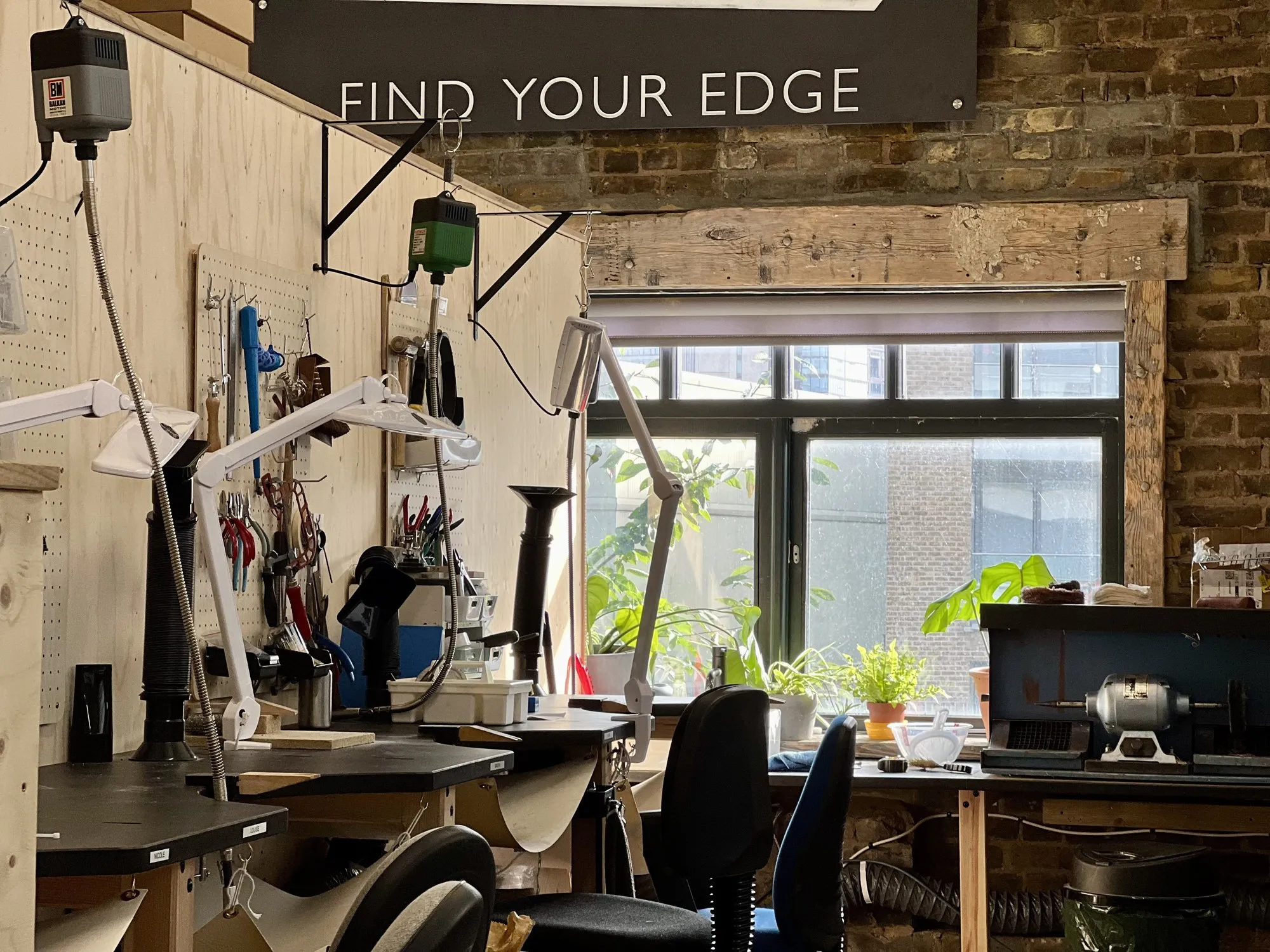 The jewellery workshop at Hone Limehouse, benches by the window